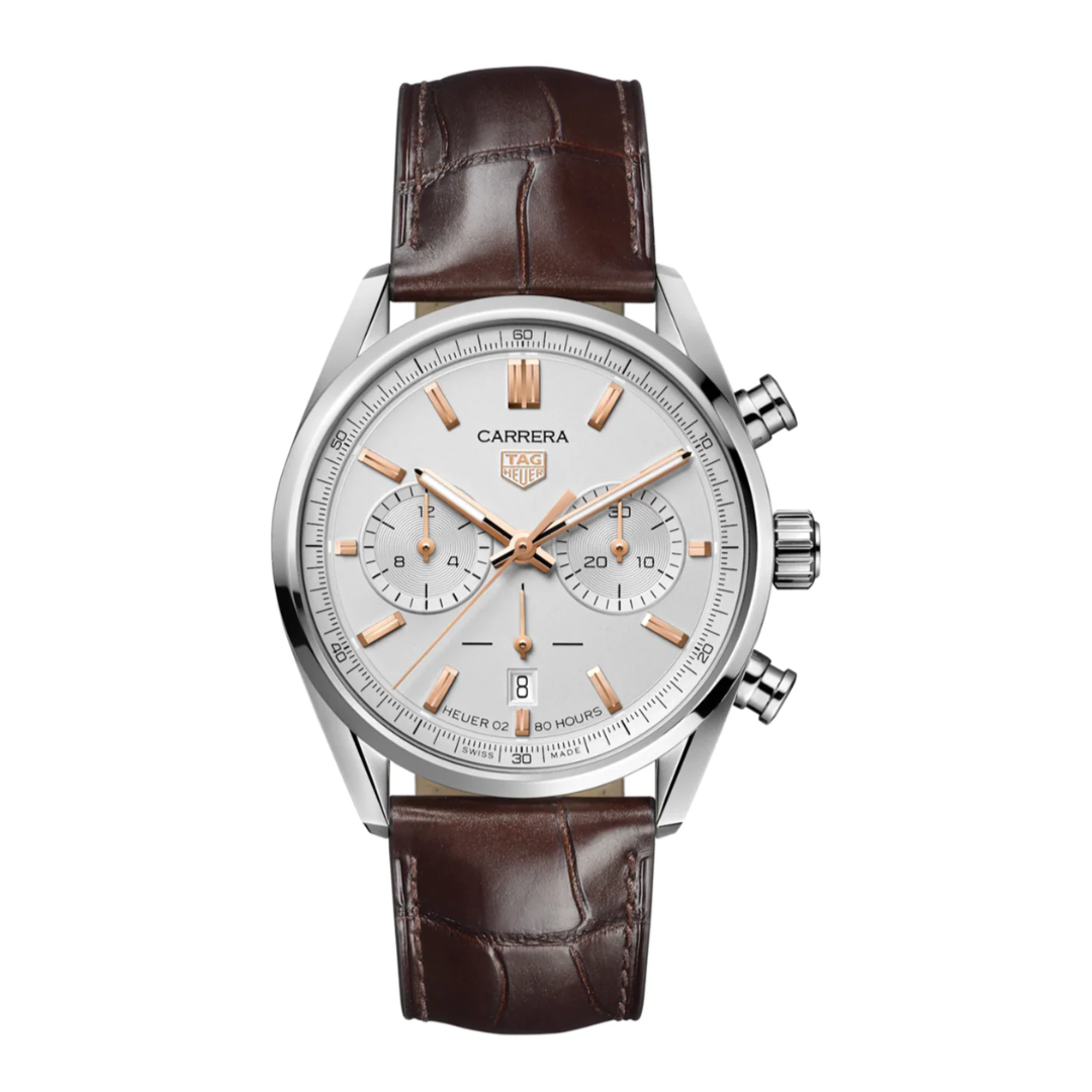 TAG Heuer Carrera Chronograph – Silver/Rose Gold Brown Leather Strap