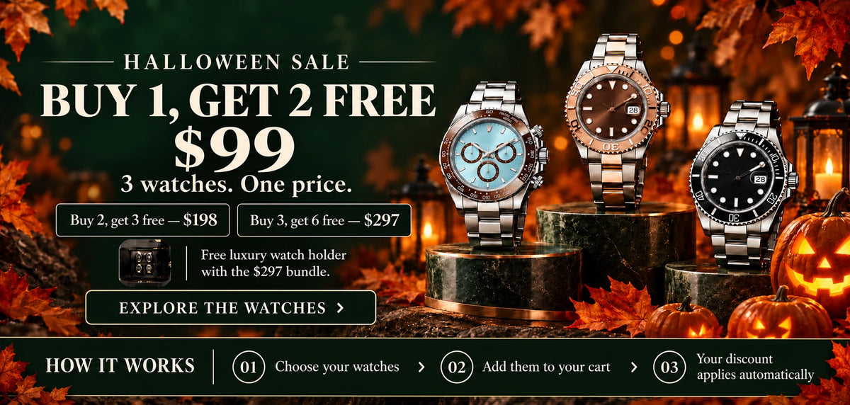 Halloween sale: 3 watches for $99; 5 for $198; 9 for $297, plus a free luxury watch holder. How it works: choose your watches, add them to your cart, and your discount applies automatically. Explore the watches.